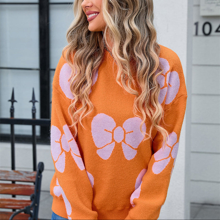 Bow Print Knit Sweater Women Crew Neck Relaxed Fit