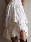 FJØRNA Retro Boho Corset Tiered Midi Dress with lace trim, featuring a vintage-inspired design and flowing silhouette.