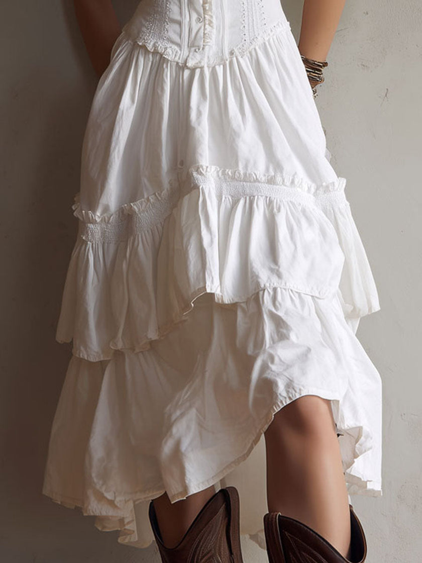FJØRNA Retro Boho Corset Tiered Midi Dress with lace trim, featuring a vintage-inspired design and flowing silhouette.