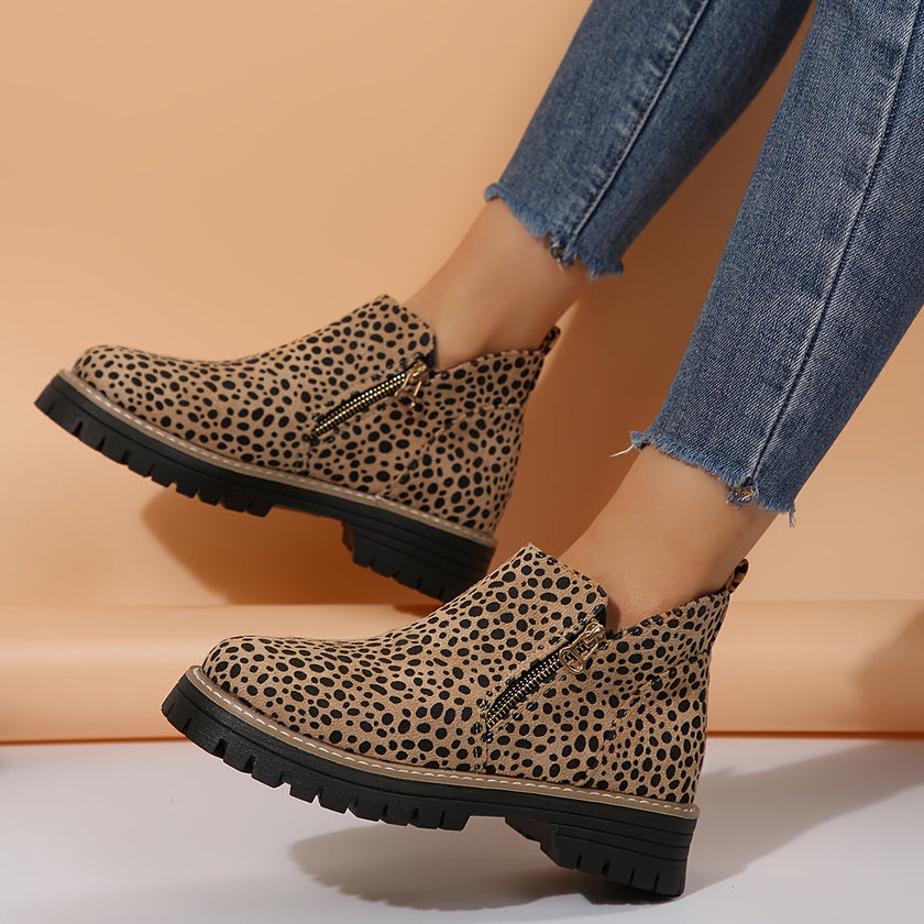 Ankle Boots Leopard Print Suede Lug Sole Chunky Side Zip Winter Boots | Nina
