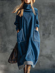 Blue corduroy midi dress by FJØRNA, casual style with a fitted bodice and flared skirt, shown on a model.