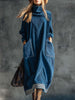 Blue corduroy midi dress by FJØRNA, casual style with a fitted bodice and flared skirt, shown on a model.