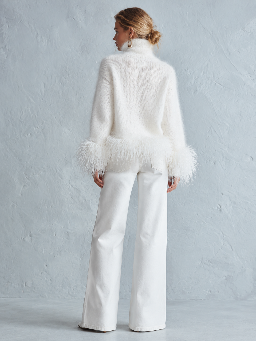 White Mohair Turtleneck Sweater with Faux Feather Hem Slim Fit for Women