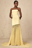 FJØRNA yellow off-shoulder sheer tulle maxi dress with black tie detail for women, elegant evening dress with flowing silhouette.