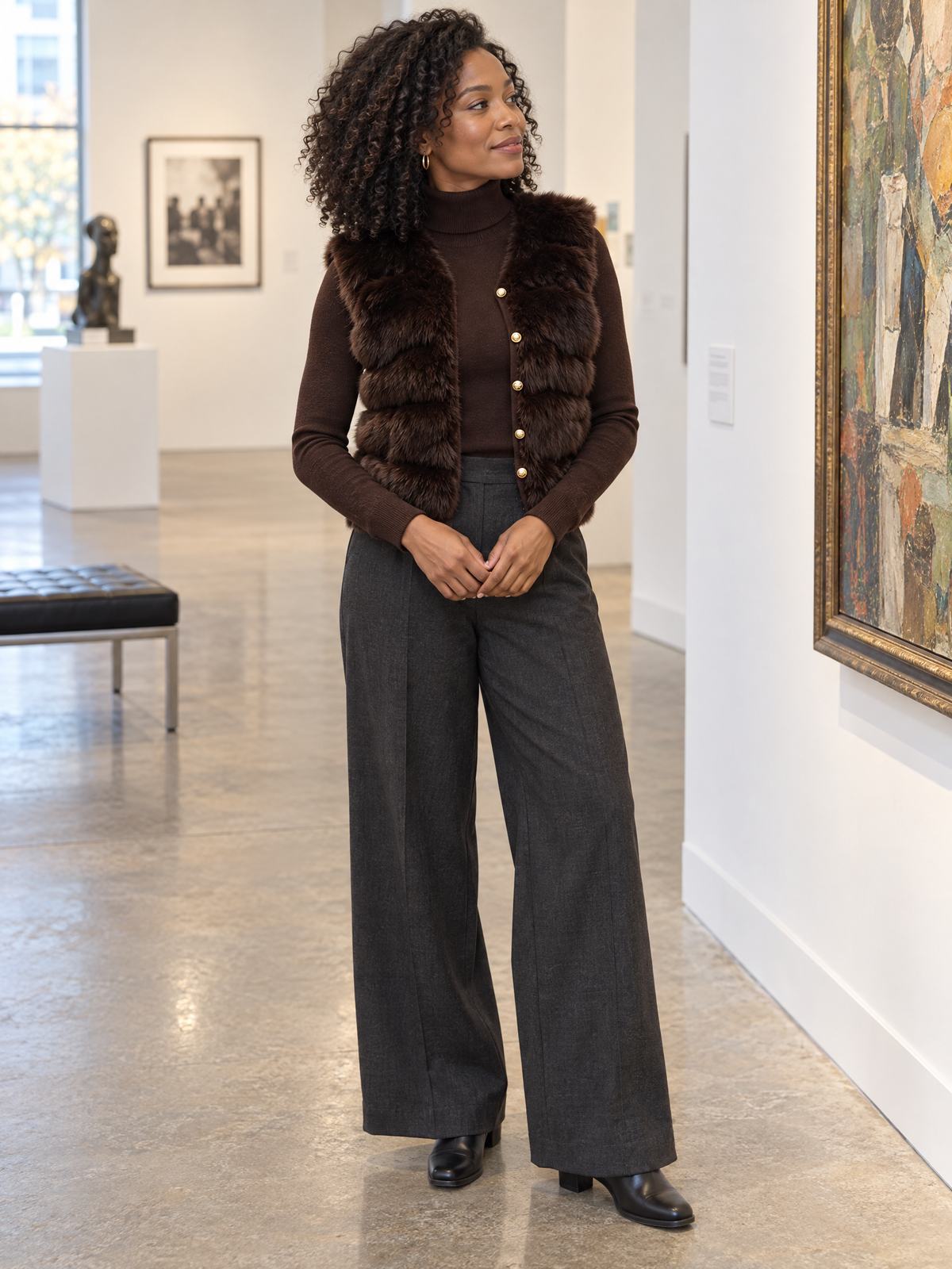 Faux Fur Gilet and Turtleneck Sweater Dress Two-Piece Set in Brown for Women