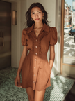 FJØRNA dotted ruffled collar puff sleeve mini dress, summer business dress with feminine ruffles and polka dot pattern.