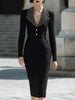 FJØRNA black ribbed knit contrast-lapel midi dress, stylish summer business dress with fitted silhouette and elegant design.