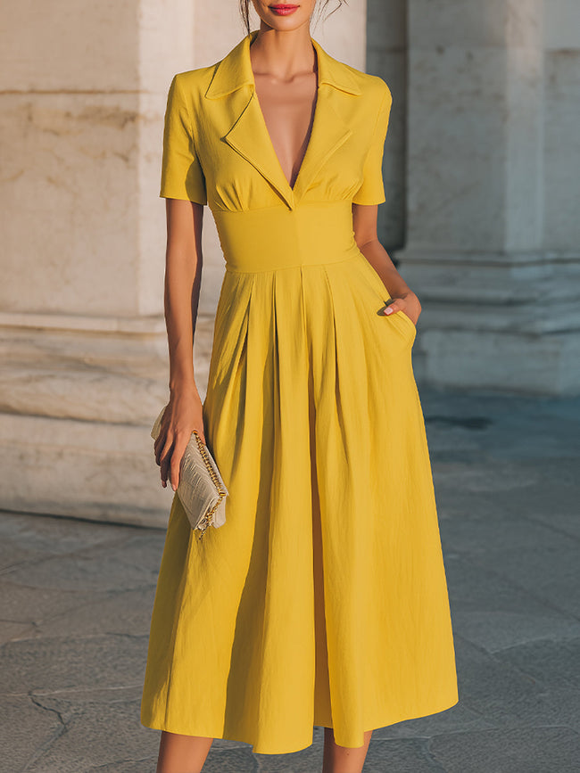 FJØRNA collared short-sleeve midi dress with structured waist, stylish women's midi dress featuring a classic collar and elegant fit.