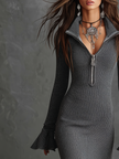 FJØRNA knit midi dress for women, featuring a fitted silhouette with long sleeves and a textured knit fabric.