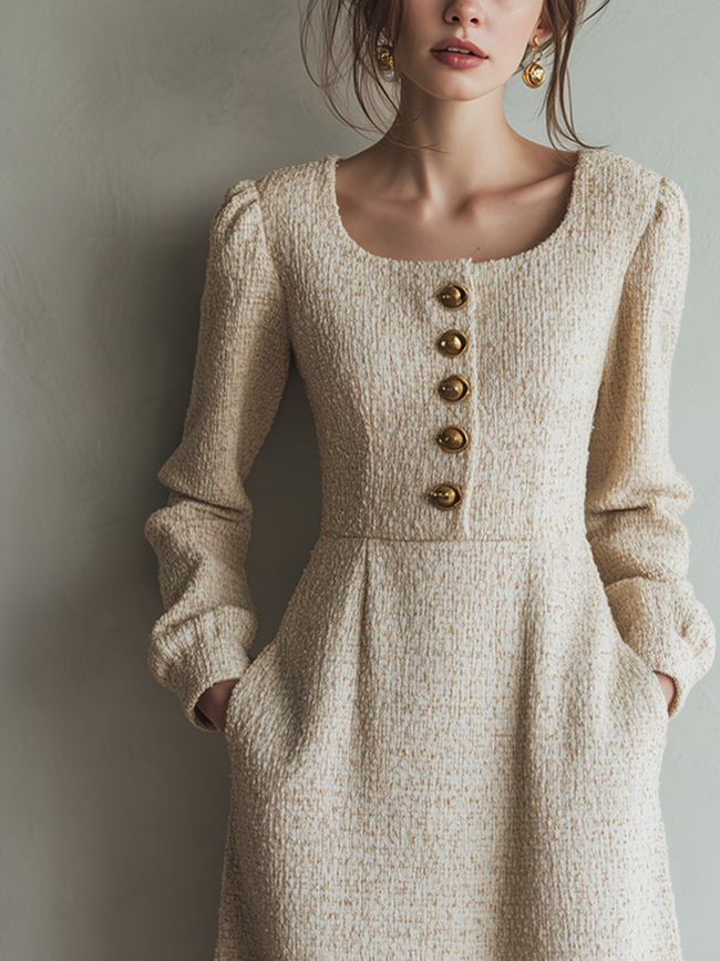 FJØRNA vintage tweed button long-sleeve midi dress with corset style, classic country-inspired design and fitted silhouette.