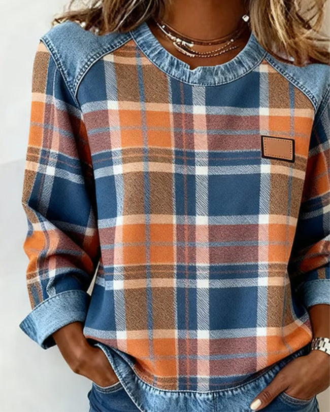 Ivy | Women's Versatile Oversized Plaid Sweatshirt Pullover Sweater with Round-Neck Checked Cozy for Winter