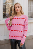 Heart Print Knit Sweater Women Crew Neck Striped