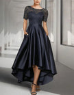 FJØRNA satin midi dress for women, two-piece set with round neck and short sleeves, elegant and stylish for special occasions.