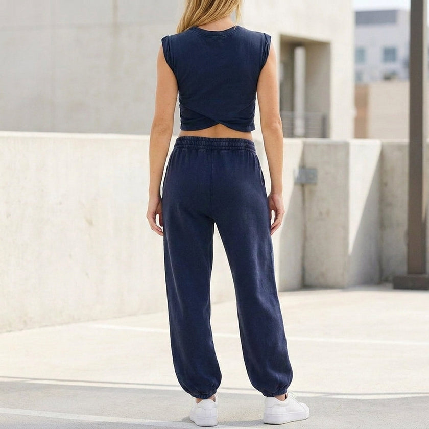FJØRNA women's summer two-piece wrap co-ord set, showing the back view with stylish matching top and skirt in lightweight fabric.