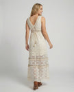 Back view of FJØRNA elegant floral maxi dress for women, sleeveless V-neck design perfect for summer occasions.