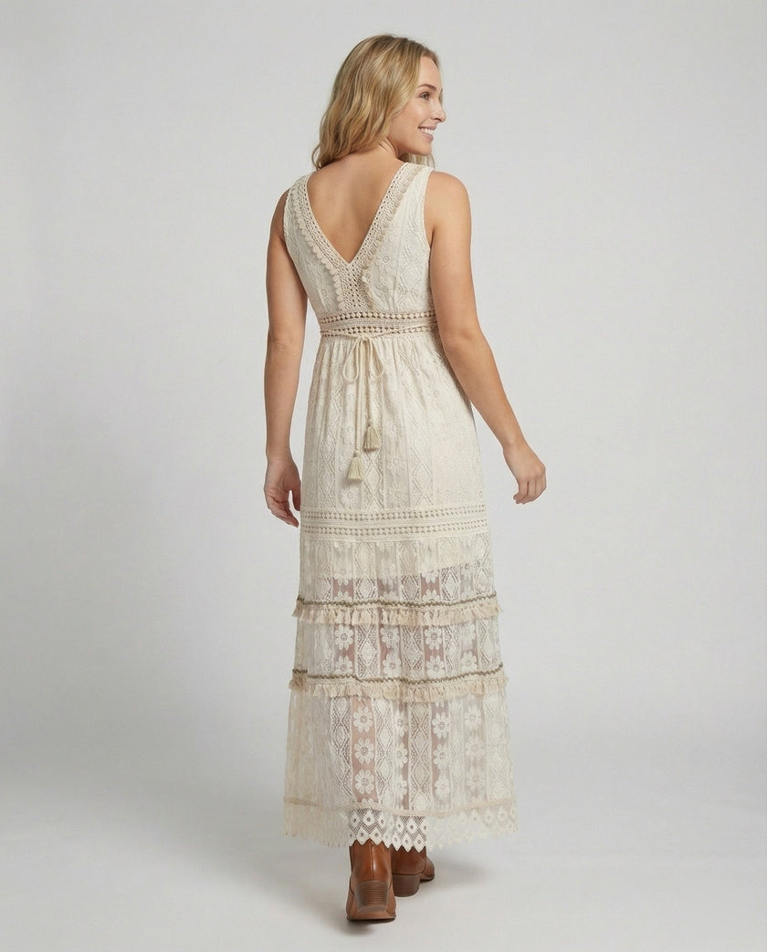 Back view of FJØRNA elegant floral maxi dress for women, sleeveless V-neck design perfect for summer occasions.