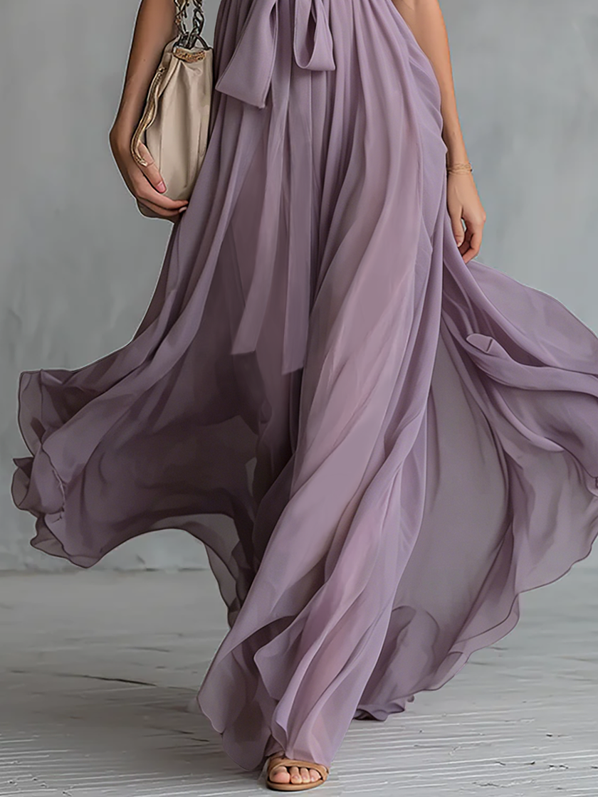 FJØRNA chiffon halter neck maxi dress, elegant evening dress with flowing fabric and sophisticated design, suitable for formal occasions.