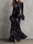 FJØRNA velvet floral midnight evening dress, elegant long dress with floral patterns, ideal for formal occasions.