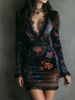 FJØRNA boho floral print velvet V-neck bodycon mini dress for women, featuring a stylish floral pattern and fitted silhouette.