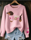 Graphic Knit Sweater Women Crew Neck Dog Print Long Sleeve