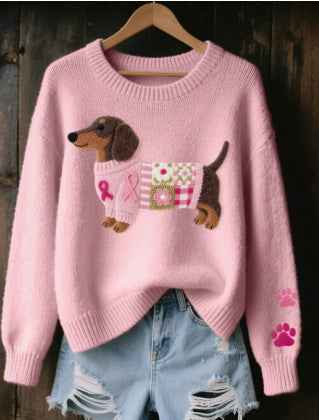 Graphic Knit Sweater Women Crew Neck Dog Print Long Sleeve