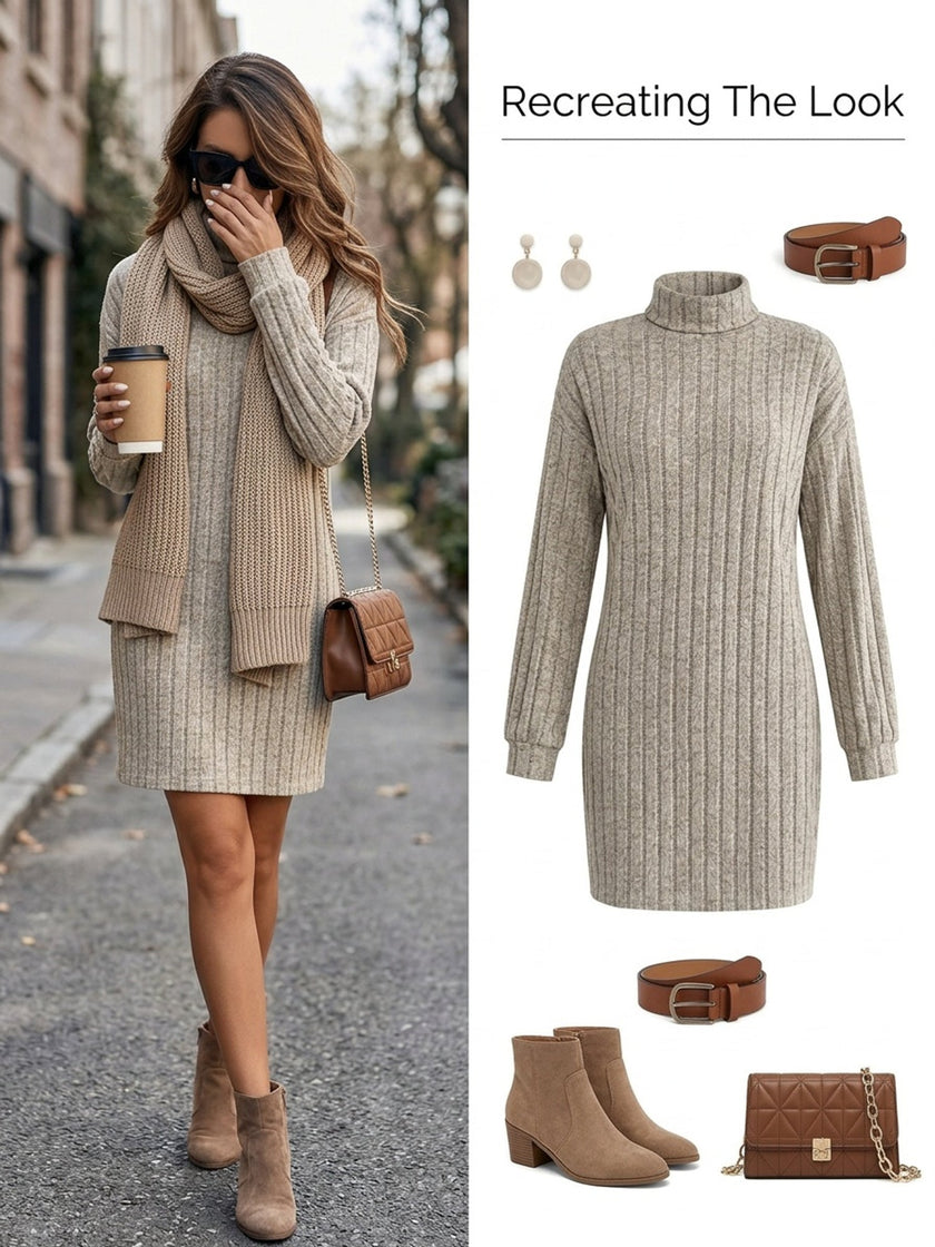Wivi | Women's Ribbed Turtleneck Sweater Dress
