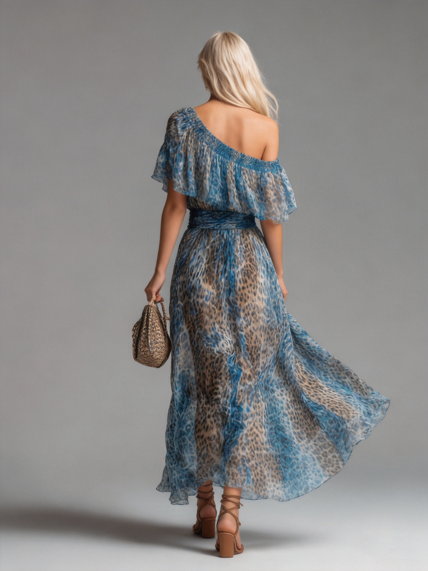 FJØRNA chiffon off-shoulder maxi dress featuring a flowing silhouette and elegant design, perfect for evening occasions.