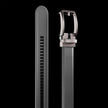 Gray vegan leather ratchet belt for men by FJØRNA, adjustable unisex belt with sleek design and metal buckle.