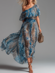 FJØRNA chiffon off-shoulder maxi dress, elegant evening dress with flowing fabric and off-shoulder design displayed in the image.