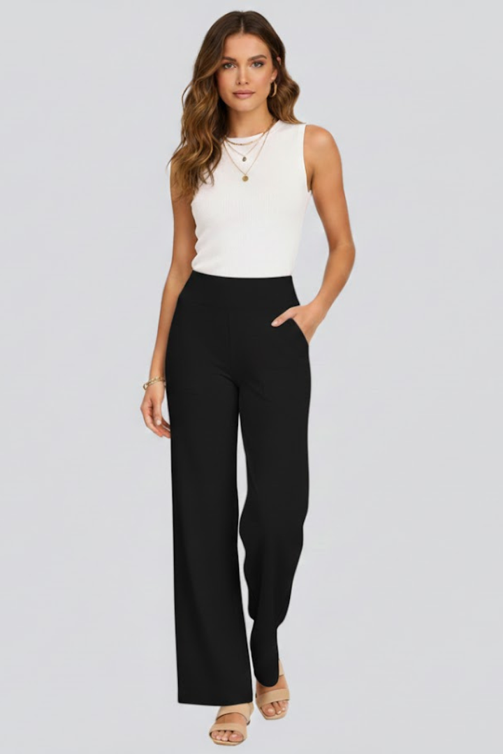 FJØRNA women's lightweight high-waist wide-leg summer trousers with pockets, breathable fabric, and relaxed fit.