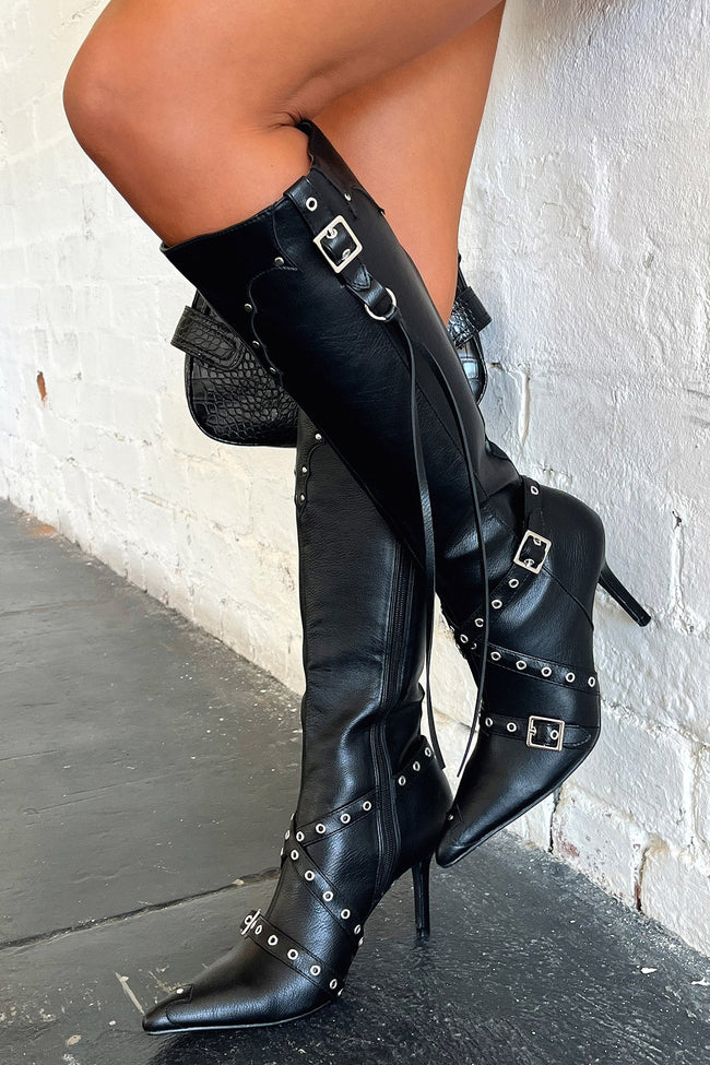 Silke | Women's Black Studded Buckle Stiletto Heel Knee High Boots with Pointed-Toe