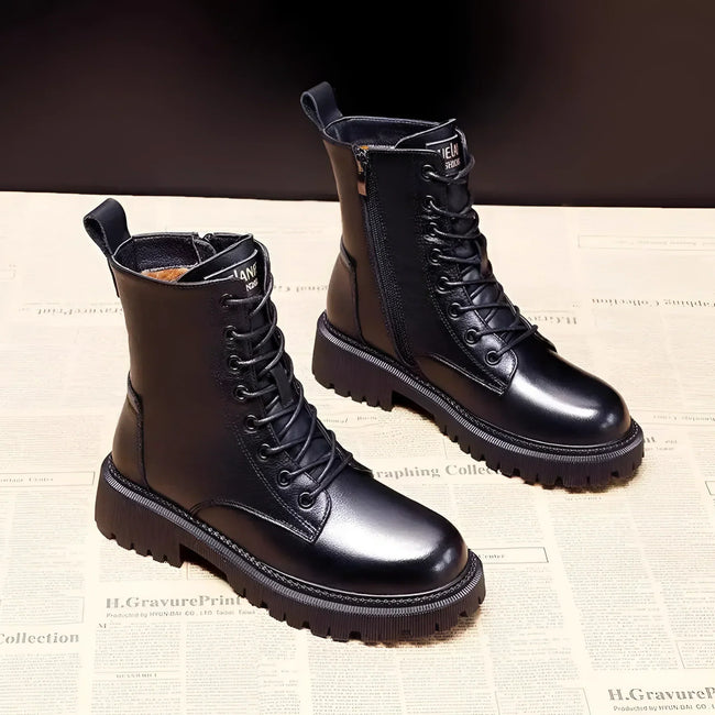 Iris | Women's Black Leather Lace Up Zip Winter Boots with Comfortable
