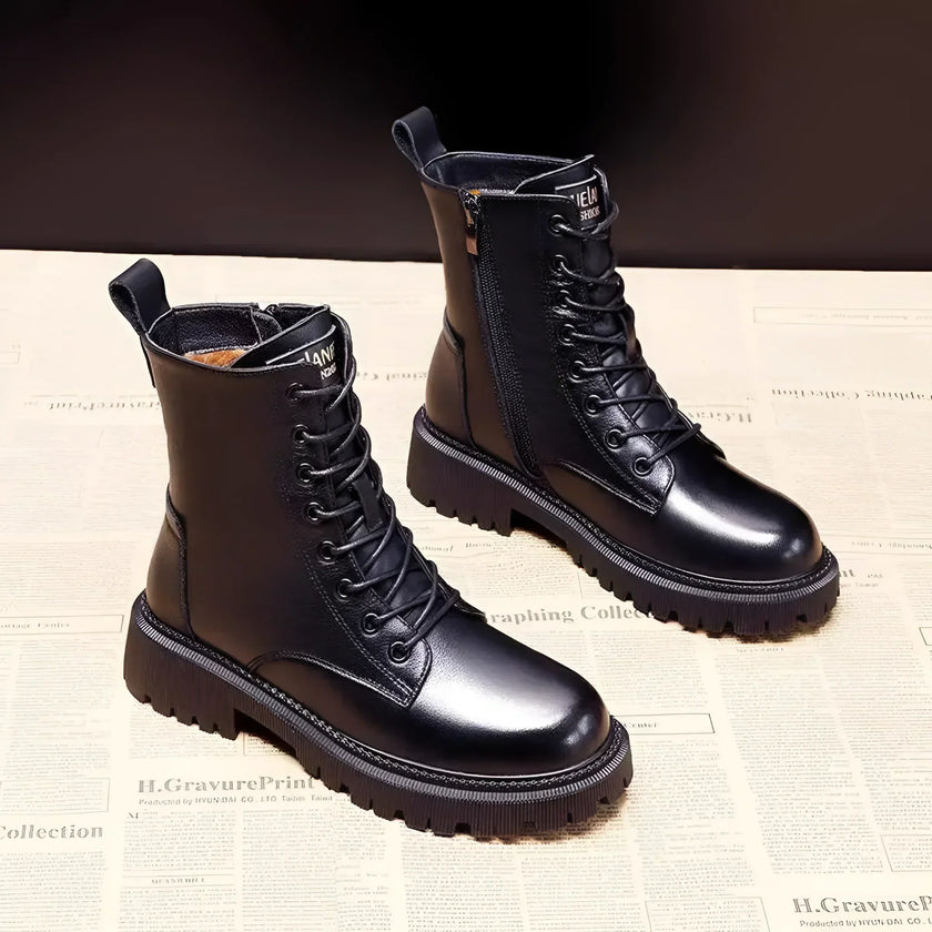 Iris | Women's Black Leather Lace Up Zip Winter Boots with Comfortable