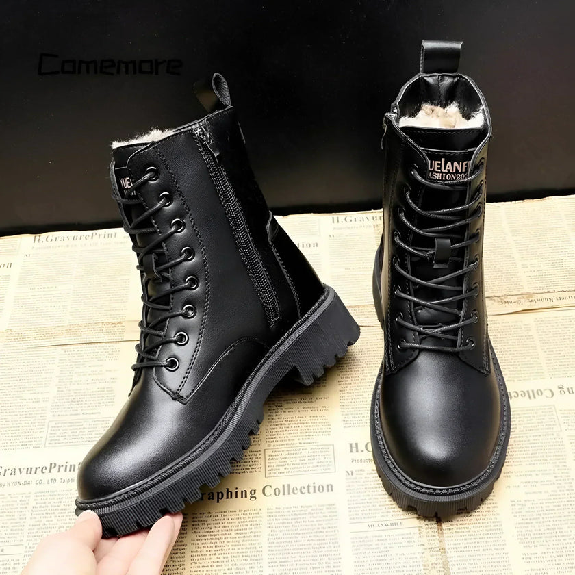 Iris | Women's Black Leather Lace Up Zip Winter Boots with Comfortable
