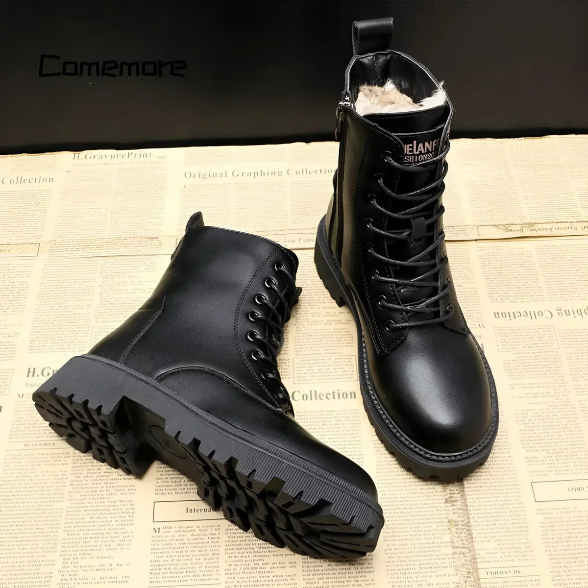 Black Leather Lace-Up Winter Boots Faux Fur Lined with Side Zip and Lug Sole for Women | Iris