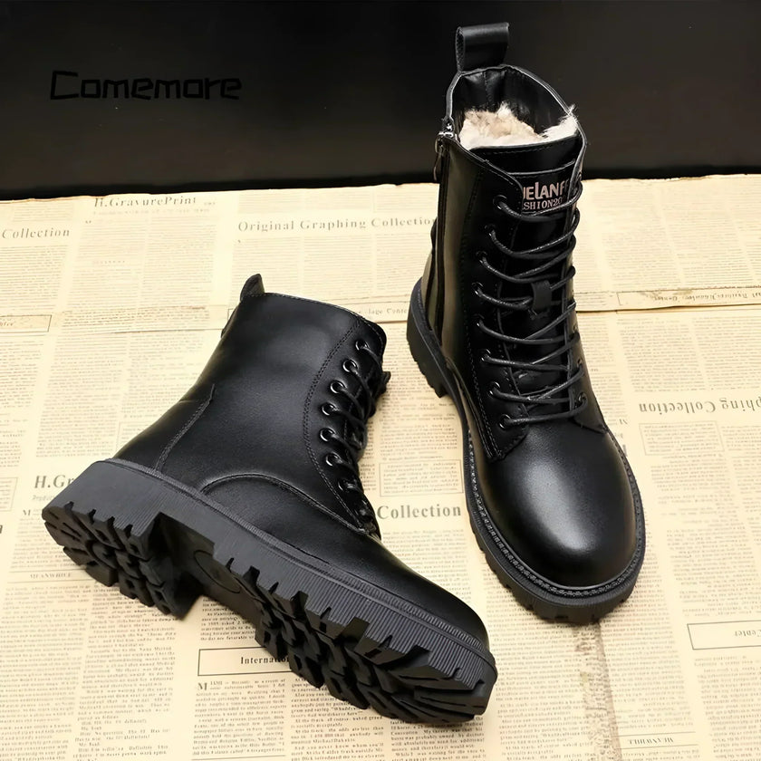 Iris | Women's Black Leather Lace Up Zip Winter Boots with Comfortable