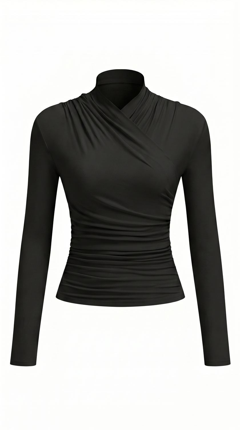 T-Shirt Women Draped Collar Pleated Waist Short Sleeve