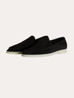 Men's black suede calfskin moccasins by FJØRNA, stylish men's shoes with a smooth suede finish and classic loafer design.