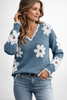 Floral Knit Sweater Women V-Neck Relaxed Fit Long Sleeve