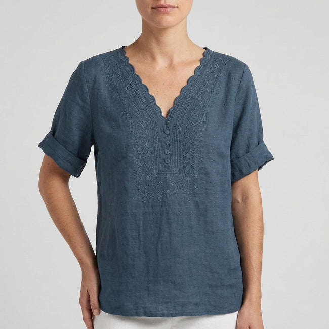Blue FJØRNA women's summer blouse with V-neck, short sleeves, linen fabric, casual style, suitable for warm weather.