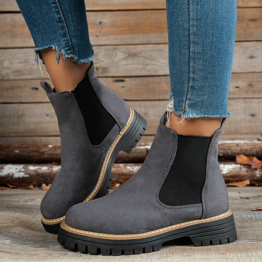 Malin | Women's Suede Round-Toe Platform Chunky Chelsea Boots