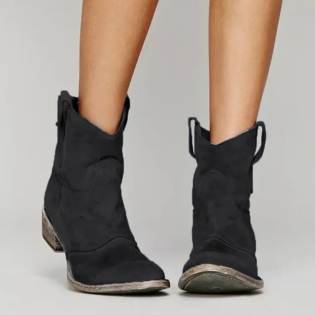 Saskia | Women's Suede Ankle Western Block Heel Boots with Comfortable Casual
