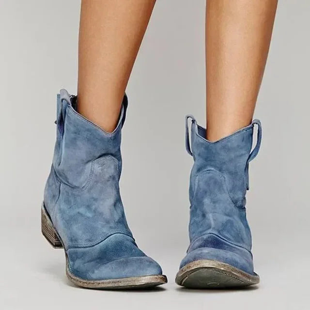 Saskia | Women's Suede Ankle Western Block Heel Boots with Comfortable Casual