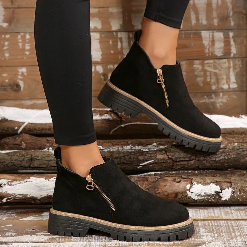 Fleur | Women's Suede Ankle Zip Lug Sole Boots with Comfortable Casual