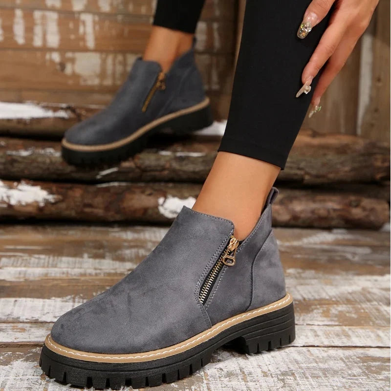 Fleur | Women's Suede Ankle Zip Lug Sole Boots with Comfortable Casual