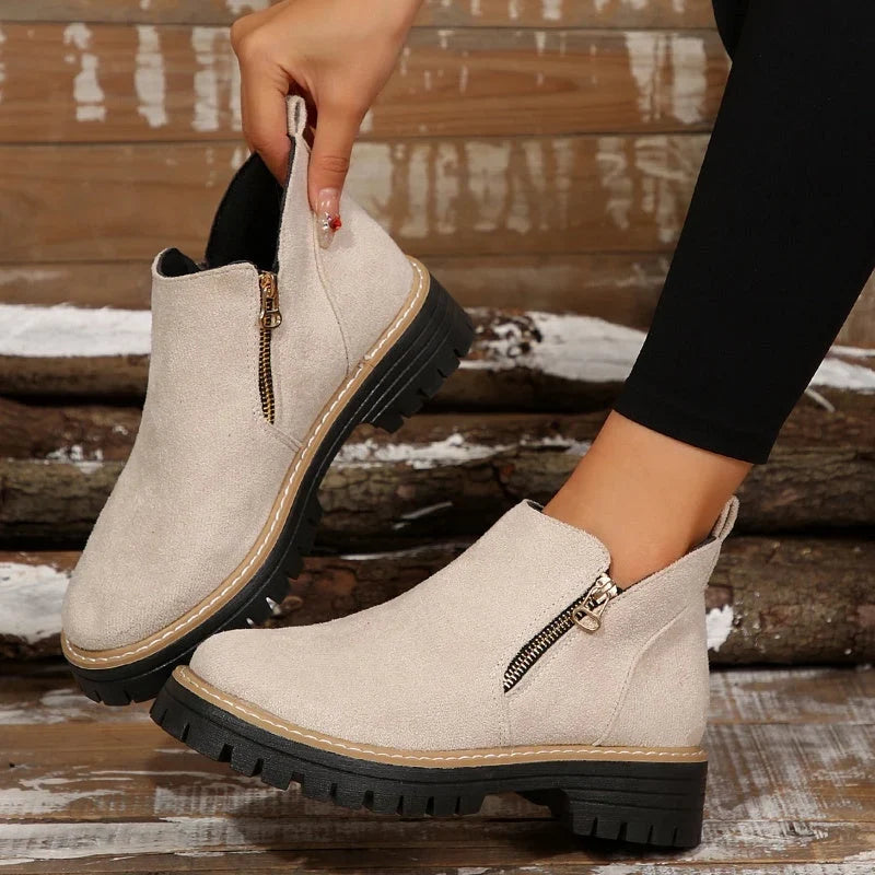 Fleur | Women's Suede Ankle Zip Lug Sole Boots with Comfortable Casual