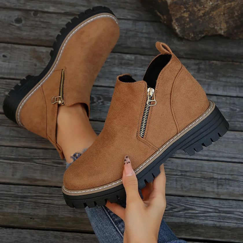 Fleur | Women's Suede Ankle Zip Lug Sole Boots with Comfortable Casual
