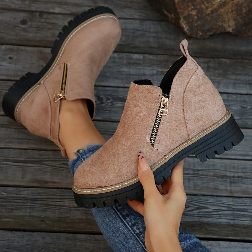 Fleur | Women's Suede Ankle Zip Lug Sole Boots with Comfortable Casual
