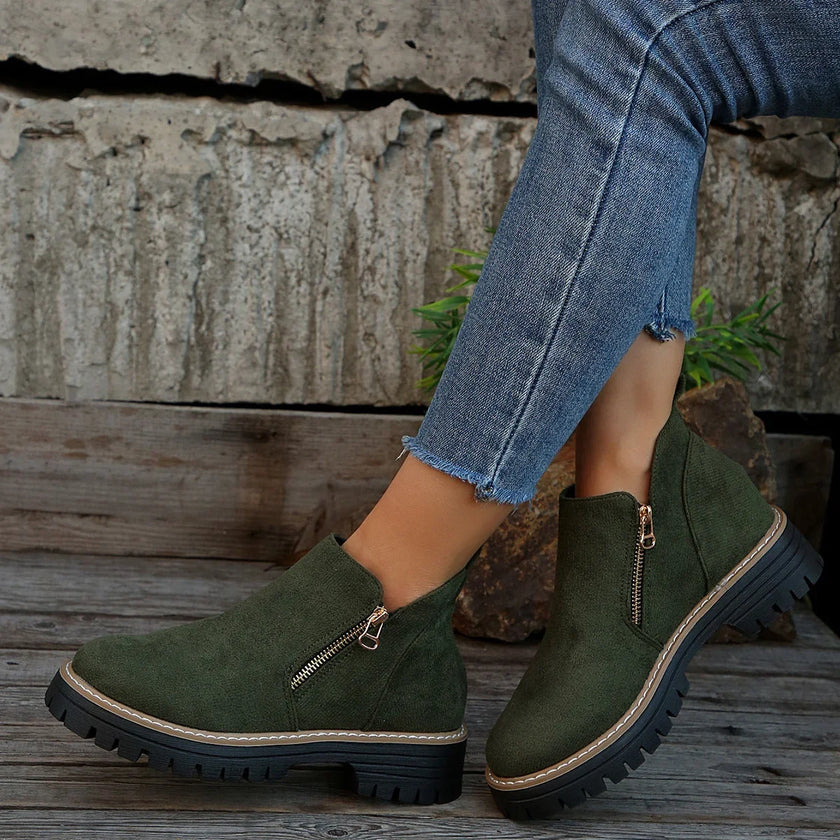 Fleur | Women's Suede Ankle Zip Lug Sole Boots with Comfortable Casual