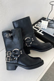 Lena | Women's Black Buckle Harness Chunky Heel Boots with Platform Comfortable